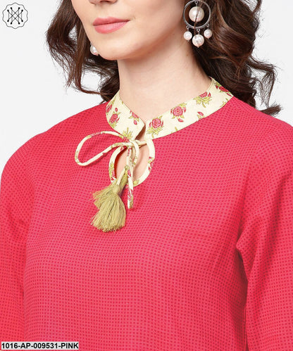 Pink Half Sleeve Key Hole Neck Cotton Tops With Printed Border