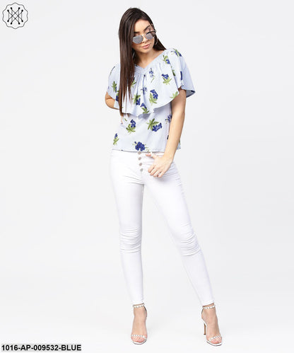 Blue Striped Cowl Design V-Neck Crop Tops