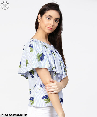 Blue Striped Cowl Design V-Neck Crop Tops