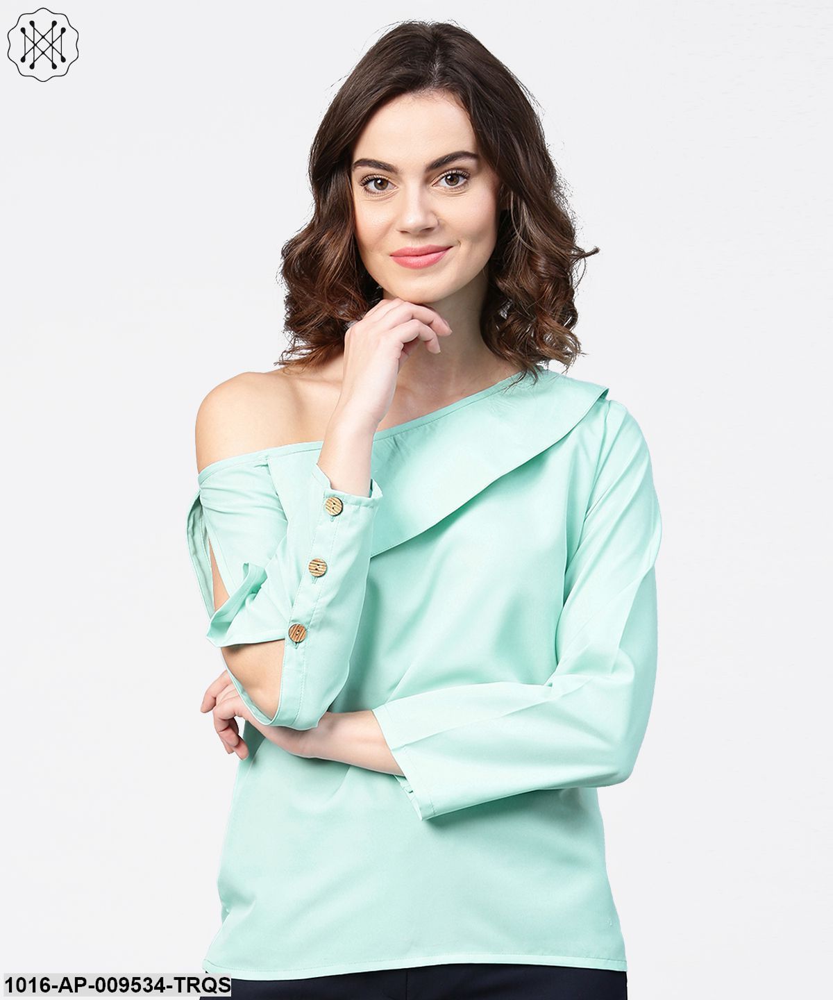 Aqua Blue Full Sleeve One Side Shoulder Tops