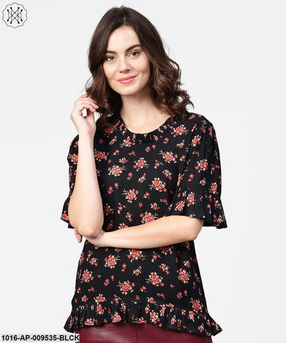 Black Printed Half Sleeve Cotton Tops