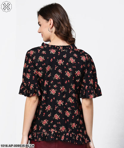 Black Printed Half Sleeve Cotton Tops