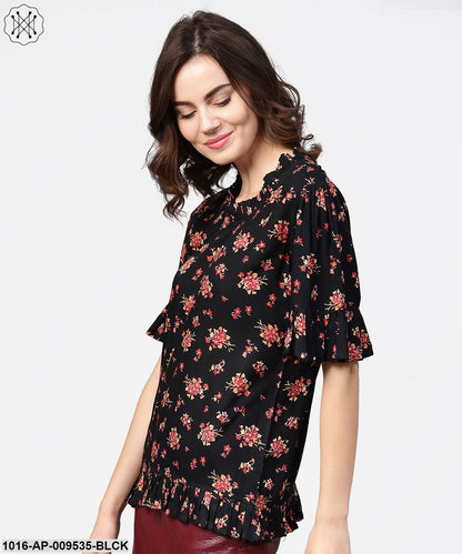 Black Printed Half Sleeve Cotton Tops
