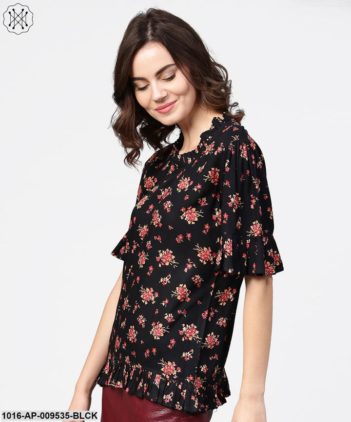 Black Printed Half Sleeve Cotton Tops