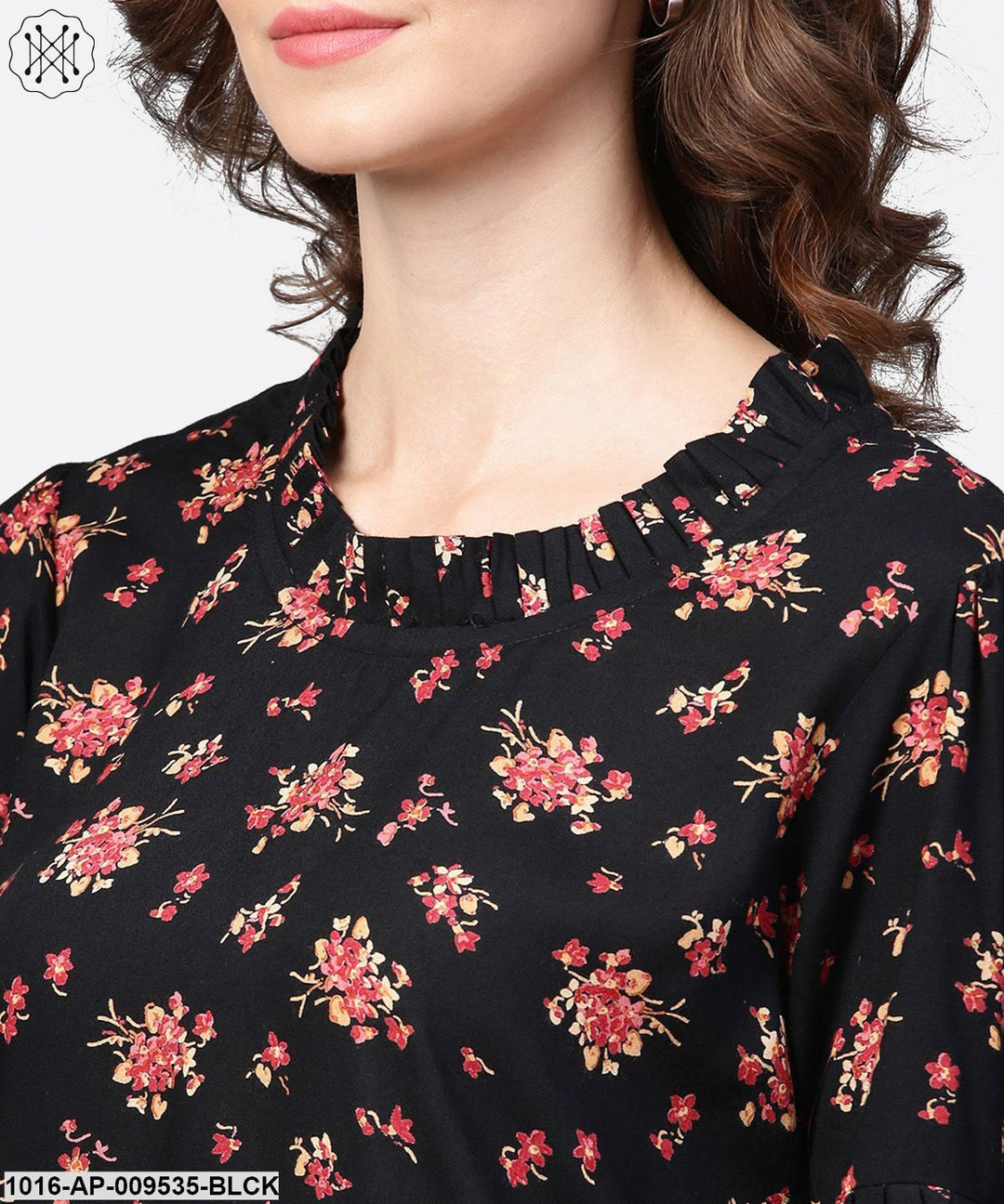 Black Printed Half Sleeve Cotton Tops