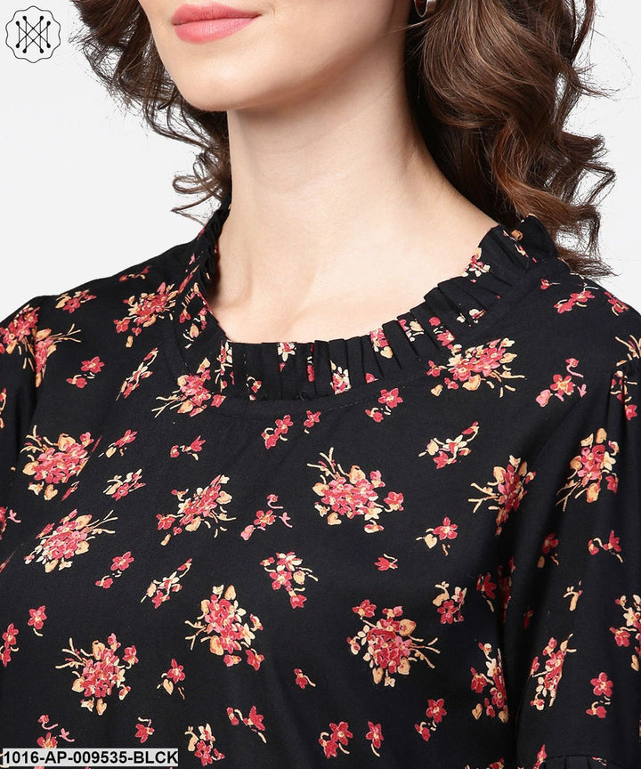 Black Printed Half Sleeve Cotton Tops