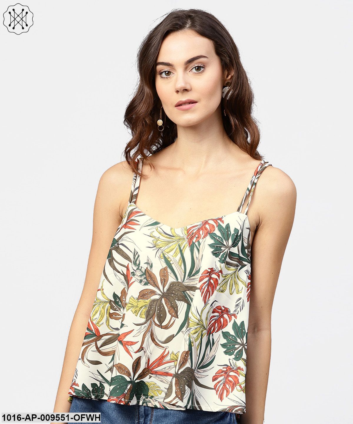 Off White Printed Shoulder Straps Crepe Top