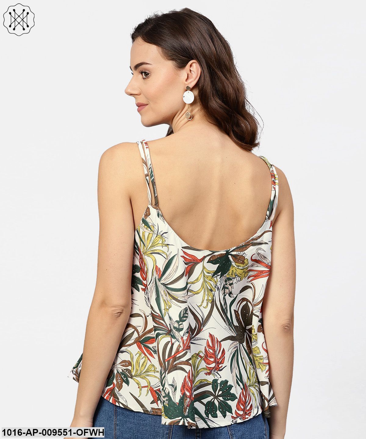 Off White Printed Shoulder Straps Crepe Top