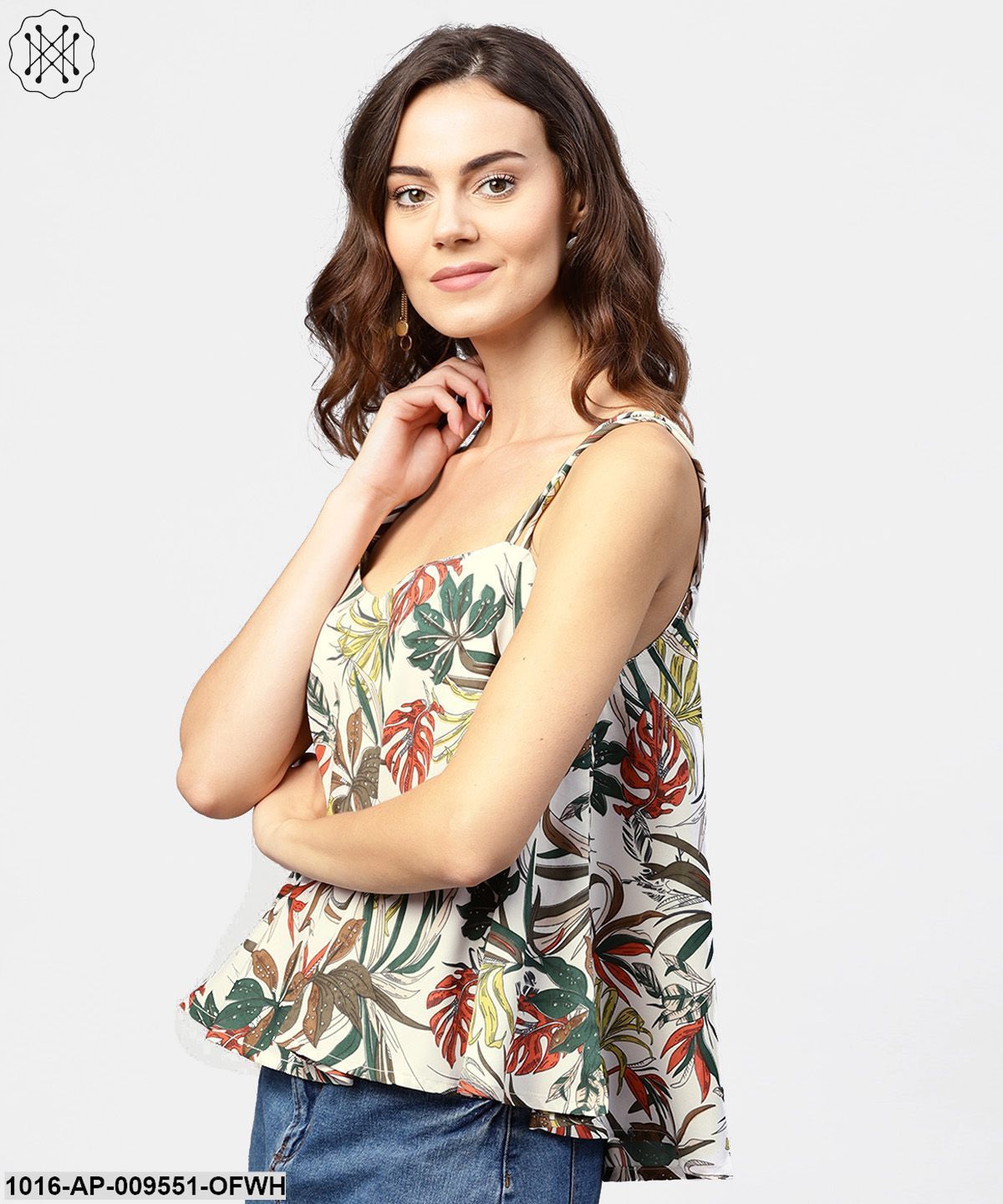 Off White Printed Shoulder Straps Crepe Top