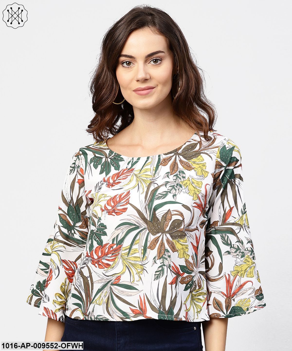 Off White Printed 3/4Th Flared Sleeve Crepe Top