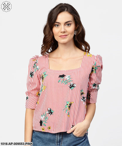 Pink Striped Half Cuff Style Sleeve Crepe Top