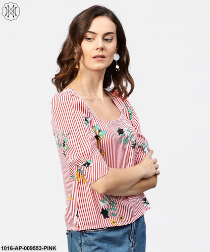 Pink Striped Half Cuff Style Sleeve Crepe Top