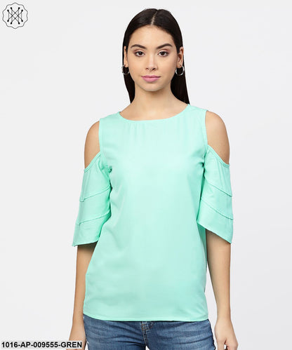 Sea Green Cold Shoulder Layered Sleeve Crepe Top
