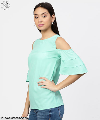 Sea Green Cold Shoulder Layered Sleeve Crepe Top