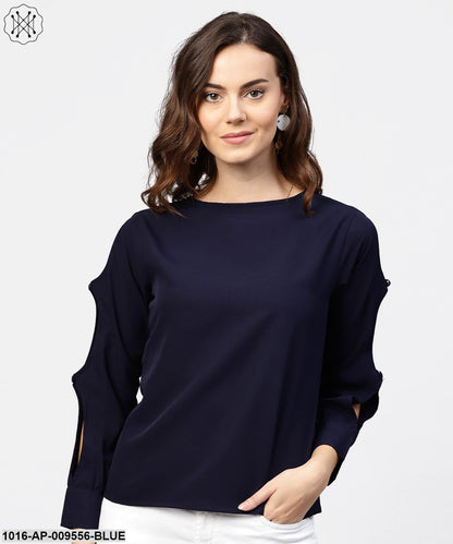 Blue Full Sleeve Crepe Top With Gathered