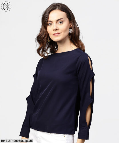 Blue Full Sleeve Crepe Top With Gathered