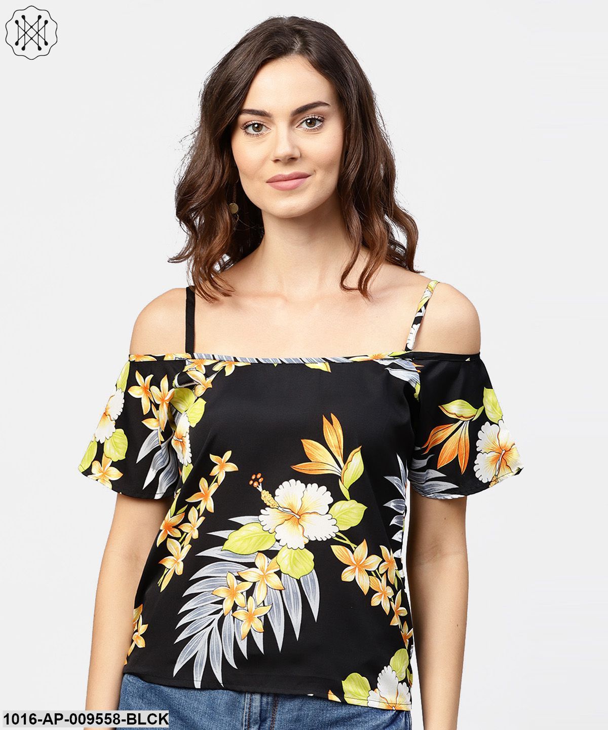 Black Printed Shoulder Straps Cold Shoulder Half Sleeve Top