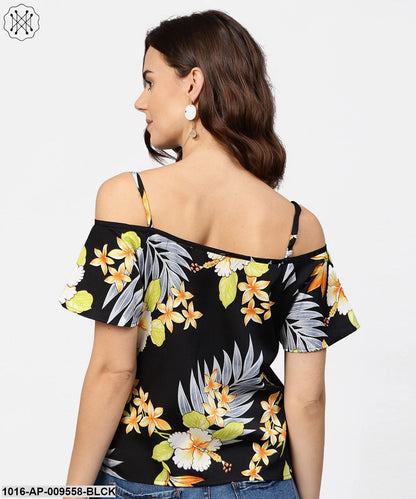 Black Printed Shoulder Straps Cold Shoulder Half Sleeve Top