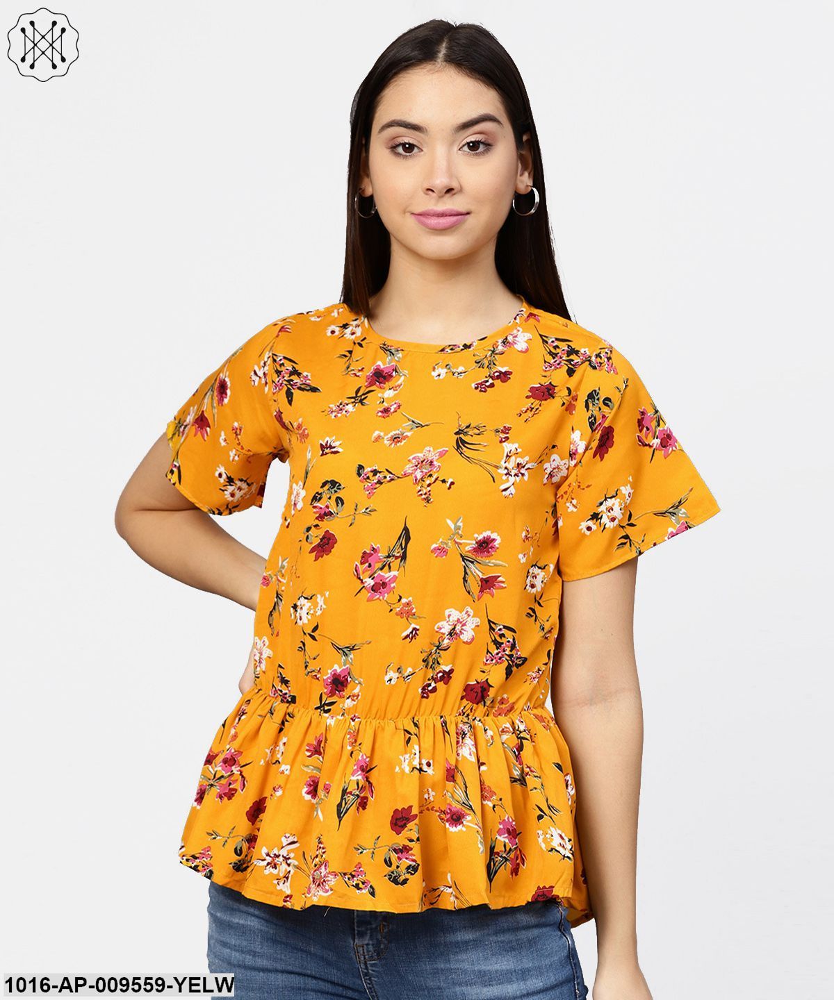 Yellow Printed Short Sleeve With A Gathered Peplum Style Top