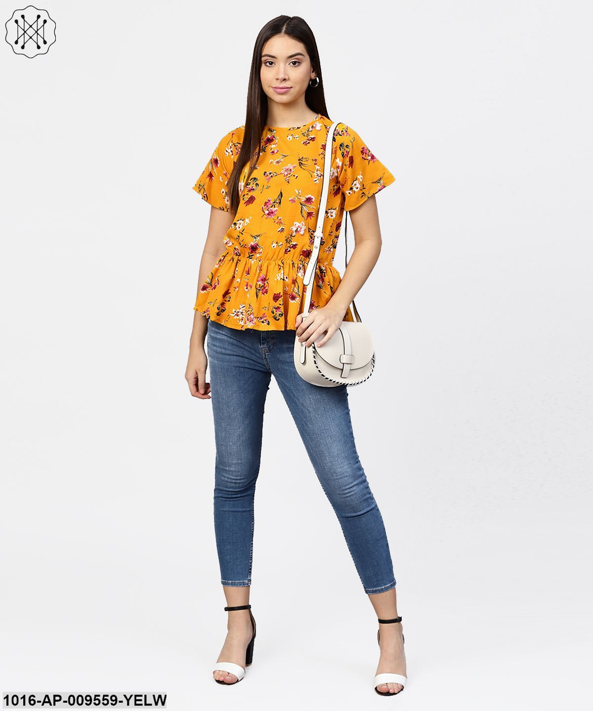 Yellow Printed Short Sleeve With A Gathered Peplum Style Top