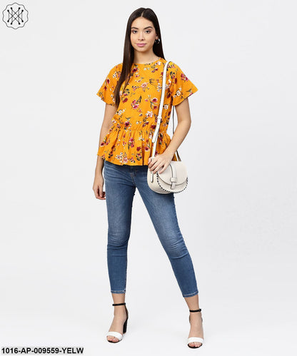Yellow Printed Short Sleeve With A Gathered Peplum Style Top
