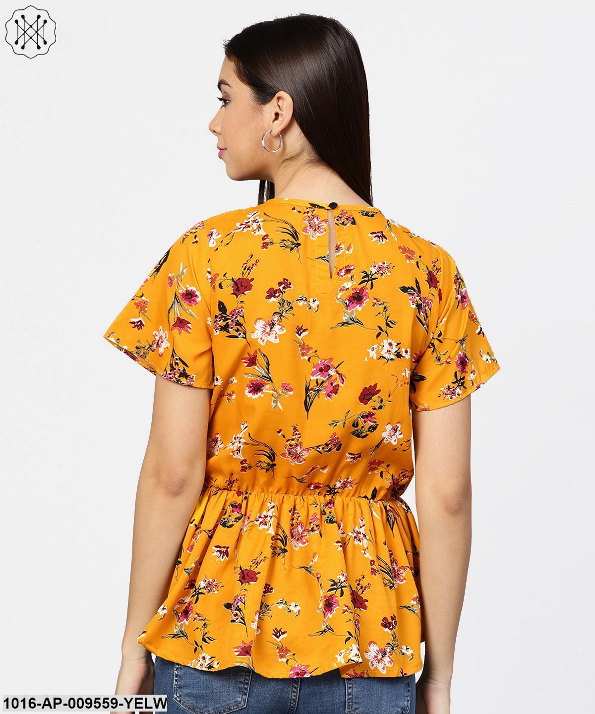 Yellow Printed Short Sleeve With A Gathered Peplum Style Top