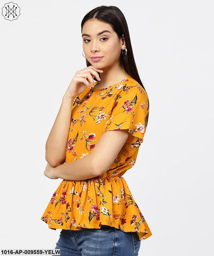 Yellow Printed Short Sleeve With A Gathered Peplum Style Top