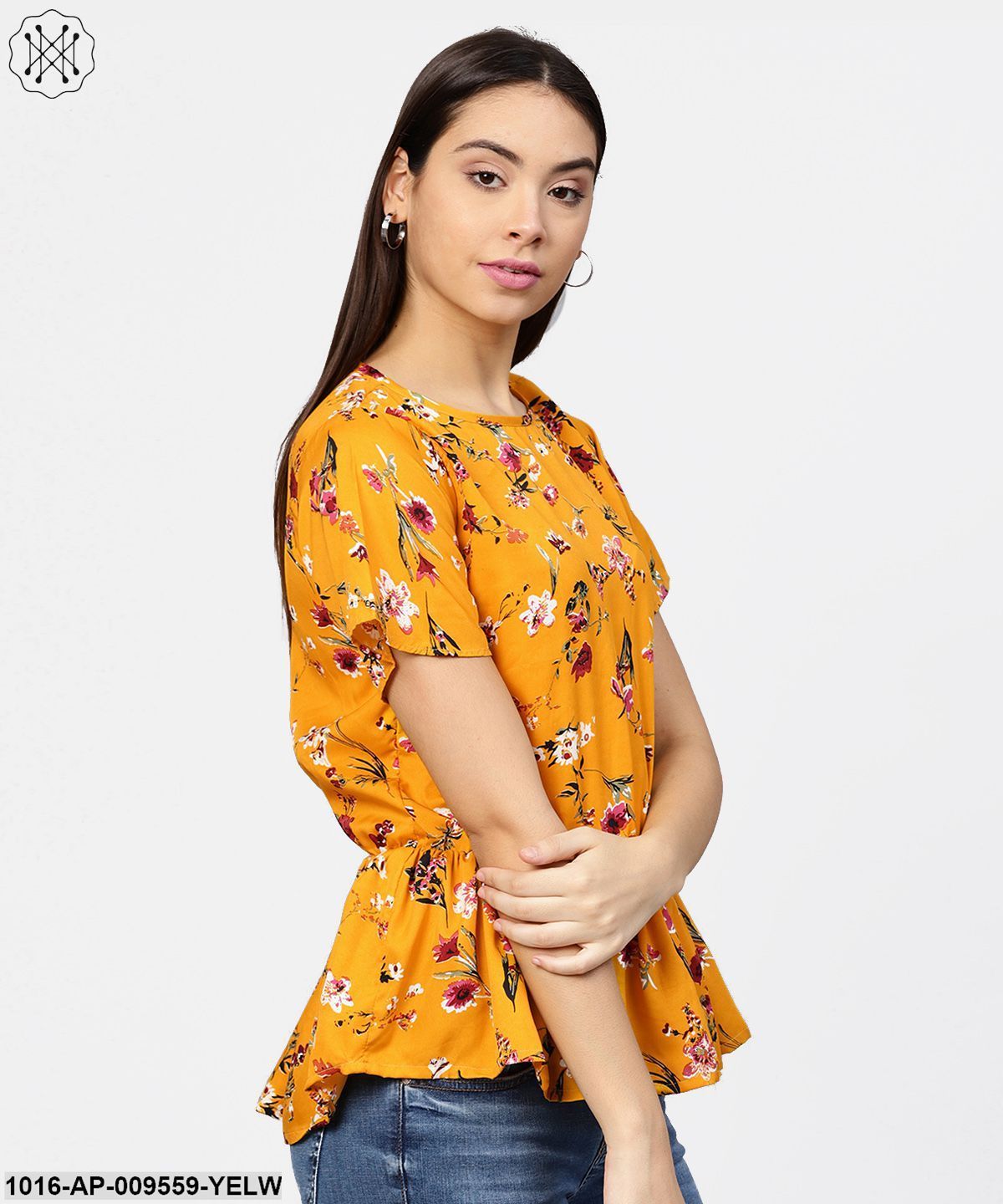 Yellow Printed Short Sleeve With A Gathered Peplum Style Top