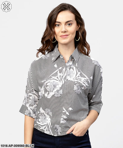 Black Printed Short Sleeve Top With Shirt Collor