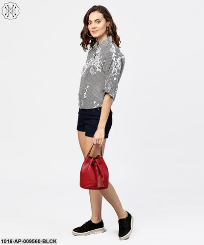 Black Printed Short Sleeve Top With Shirt Collor