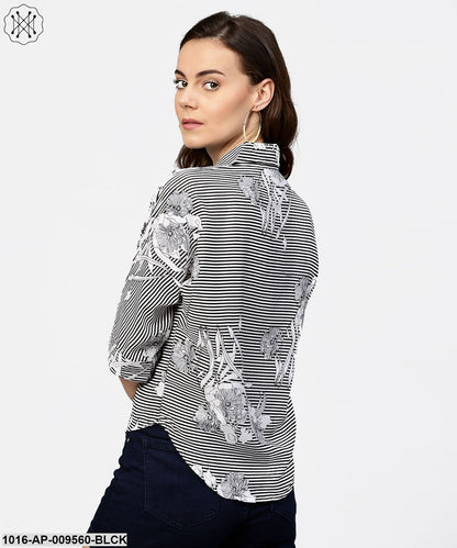 Black Printed Short Sleeve Top With Shirt Collor