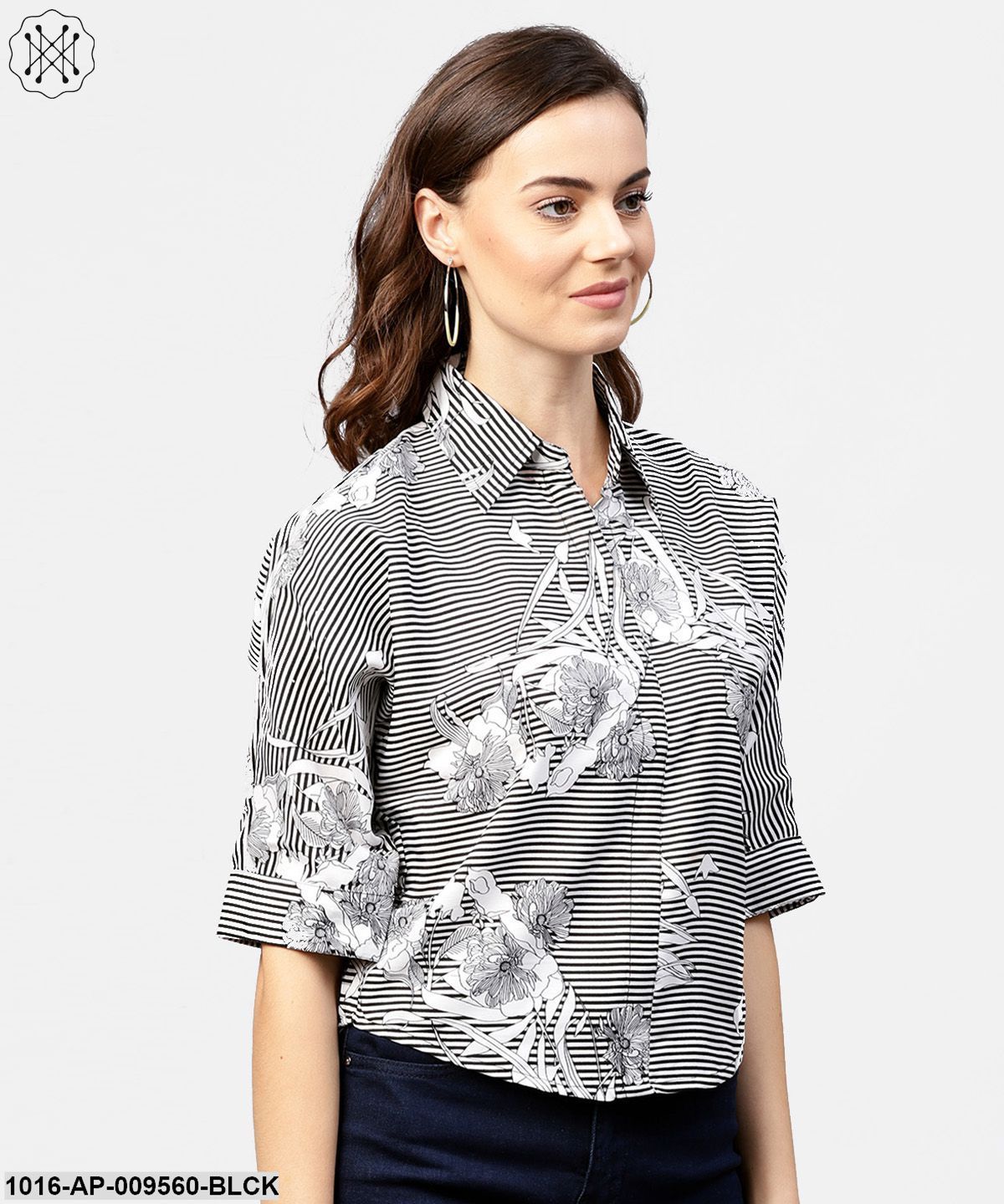 Black Printed Short Sleeve Top With Shirt Collor