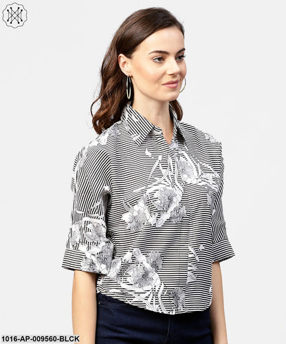 Black Printed Short Sleeve Top With Shirt Collor