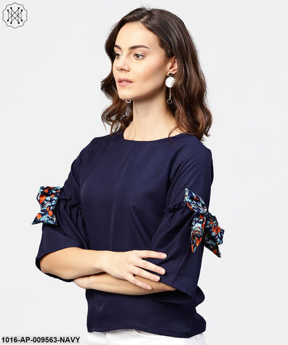 Solid Round Neck Top With Flared 3/4Th Pinted Knotted Style Sleeves
