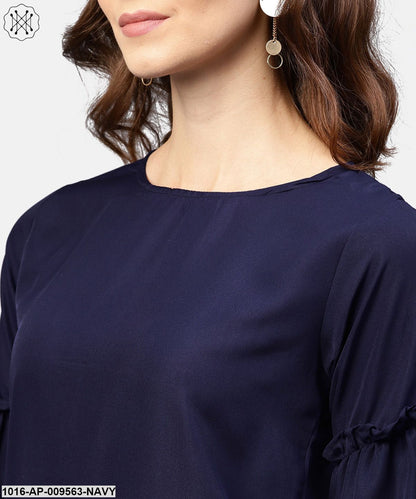 Solid Round Neck Top With Flared 3/4Th Pinted Knotted Style Sleeves