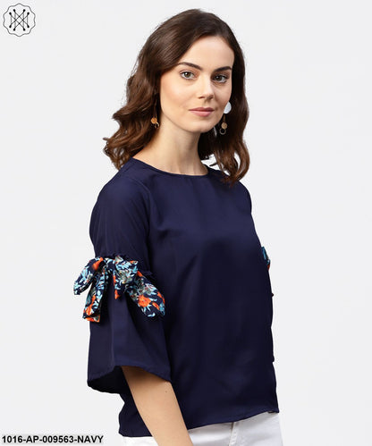 Solid Round Neck Top With Flared 3/4Th Pinted Knotted Style Sleeves