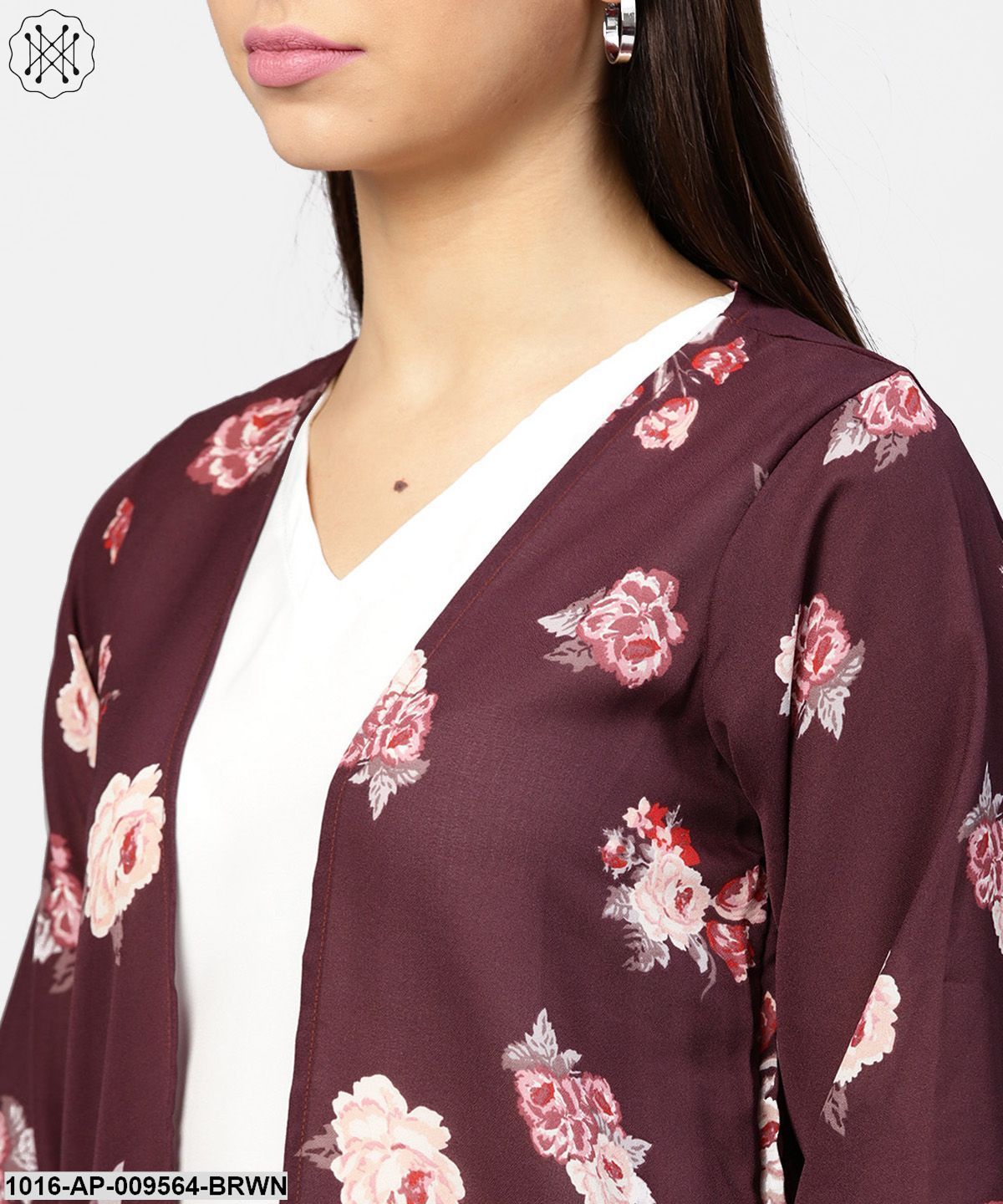 Solid V-Neck Cream Top With Floral Printed Loose-Fit 3/4Th Sleeves Open Style Cape