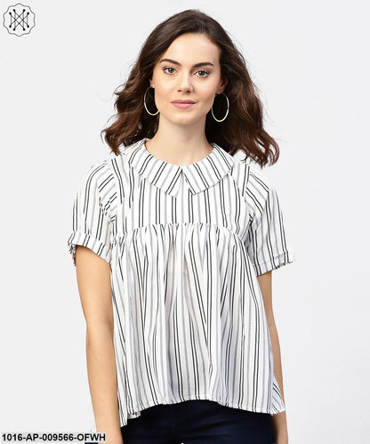 Striped Printed Short-Shirt Collar And Elbow Sleeves A-Lined Top
