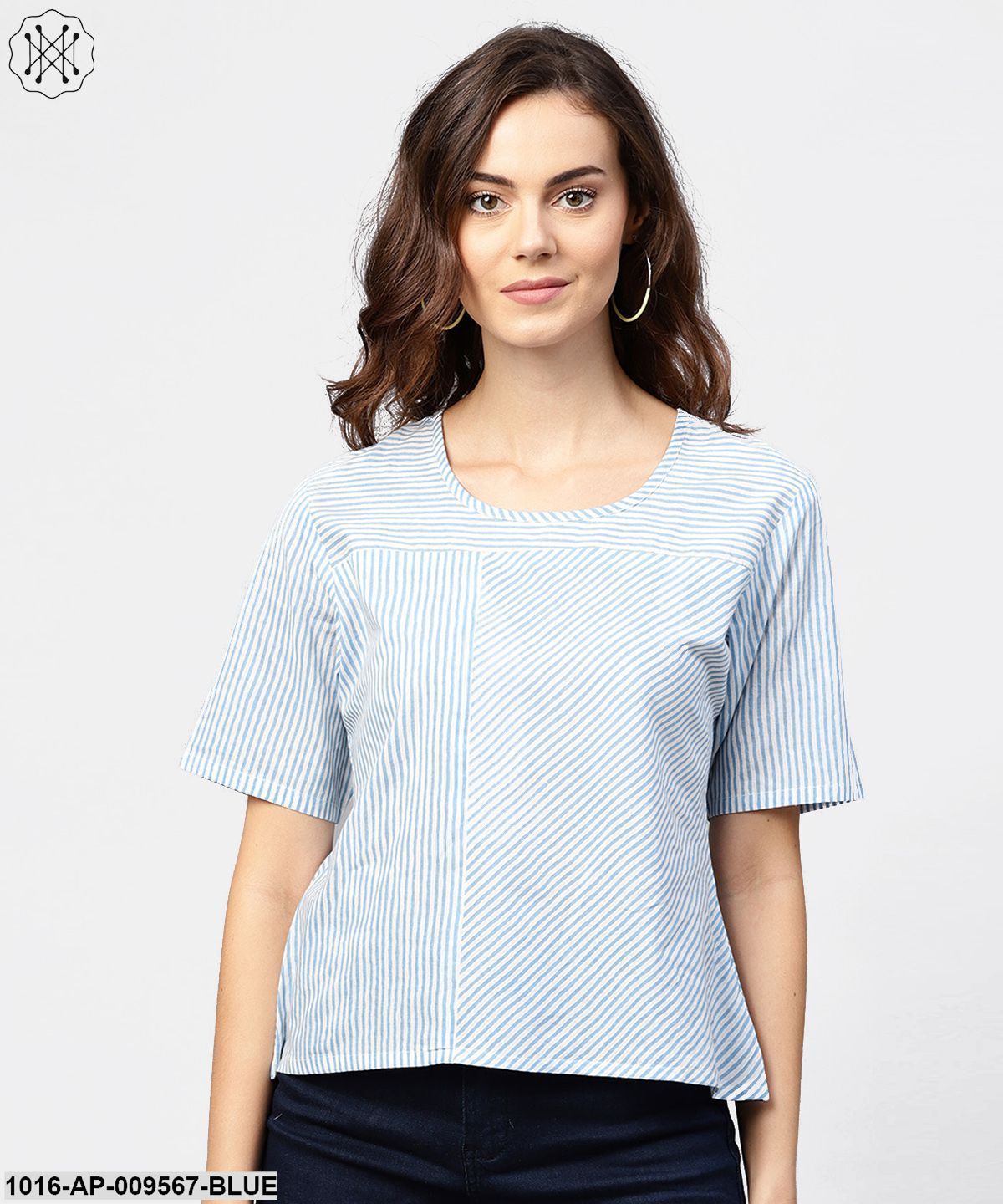 Blue Striped Short Sleeve Top With Round Neck
