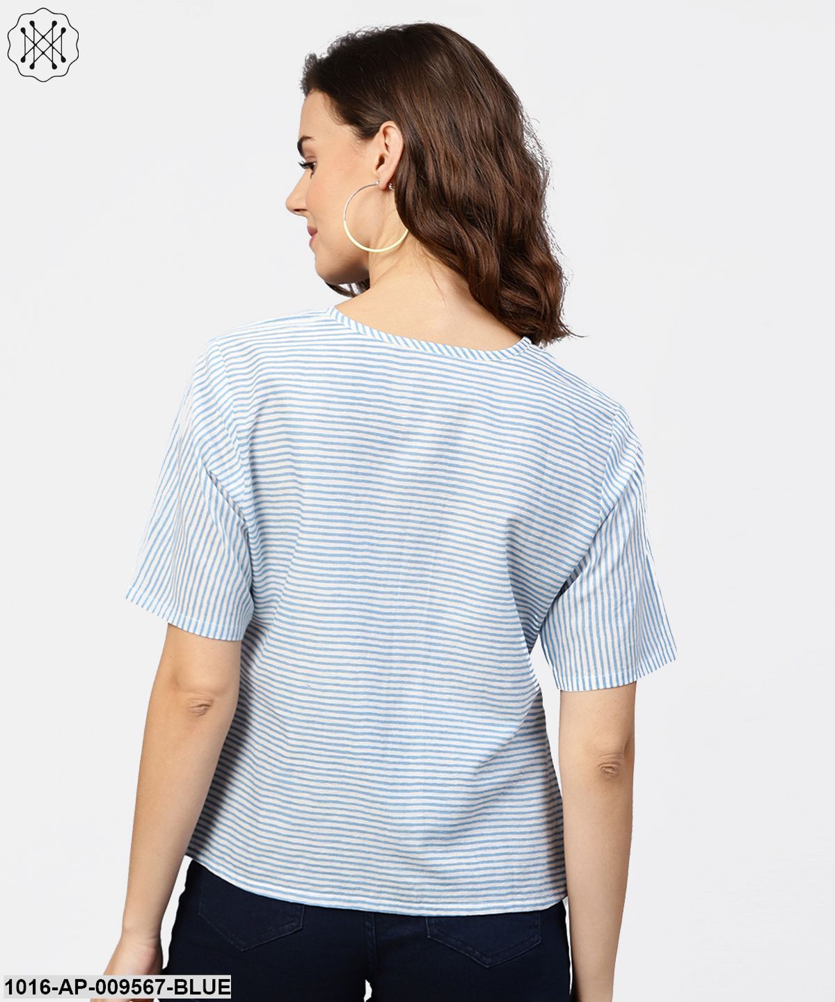 Blue Striped Short Sleeve Top With Round Neck