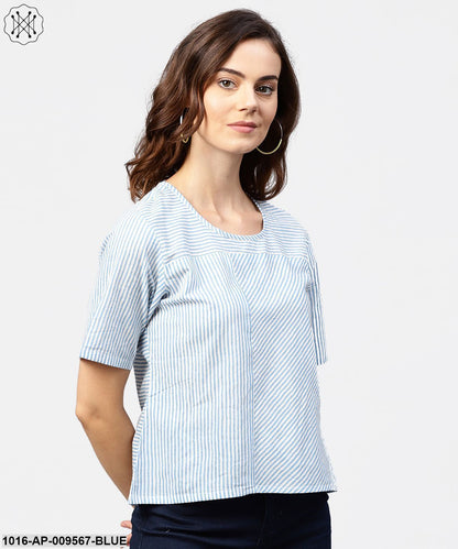 Blue Striped Short Sleeve Top With Round Neck