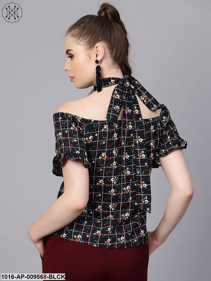 Black Checked Floral Top With Halter Neck & Half Sleeves