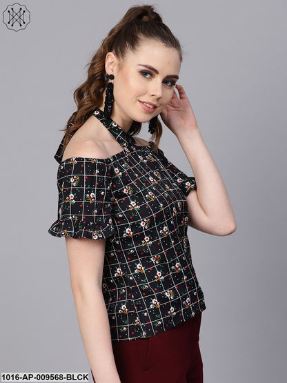 Black Checked Floral Top With Halter Neck & Half Sleeves