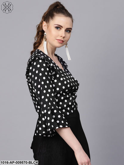 Black Polka Dots Top With Detailed Sleeves & V-Neck