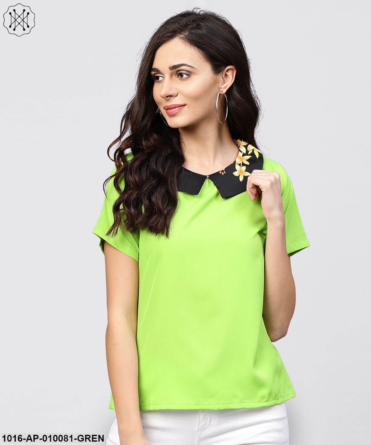 Parrot Green Top With Half Sleeves And Collar