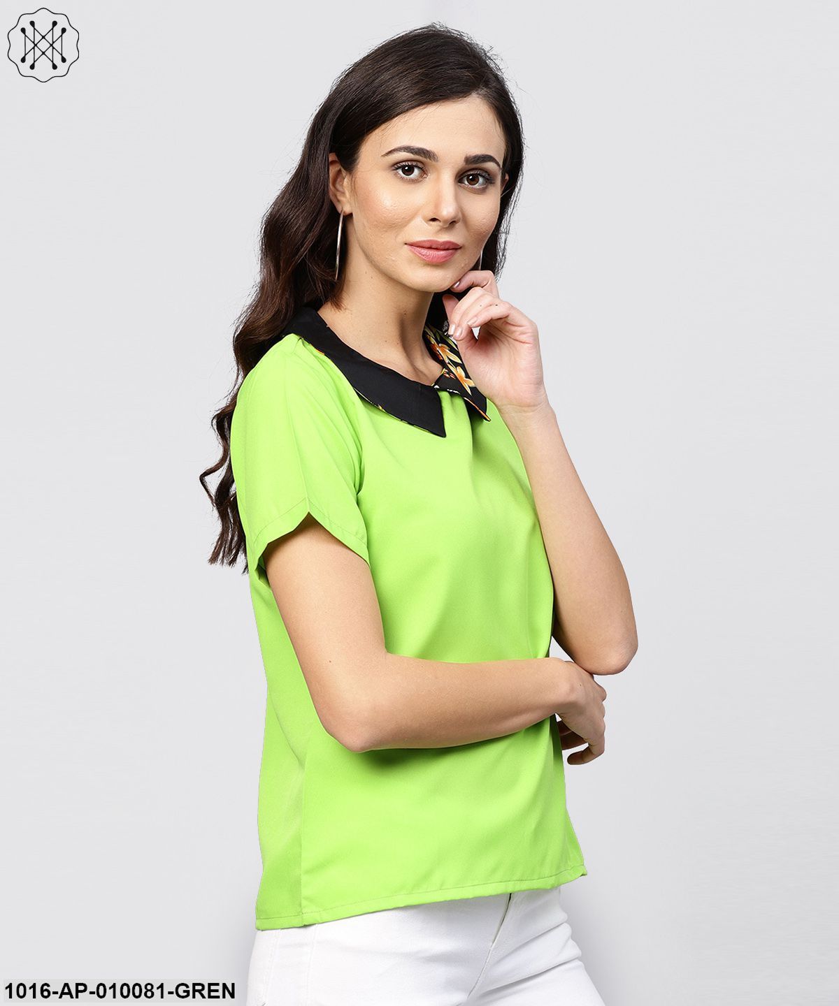 Parrot Green Top With Half Sleeves And Collar