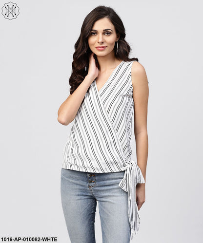 White And Grey Striped Cotton Top With V-Neck