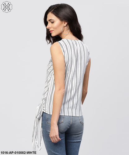 White And Grey Striped Cotton Top With V-Neck