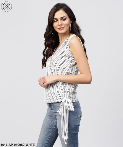 White And Grey Striped Cotton Top With V-Neck