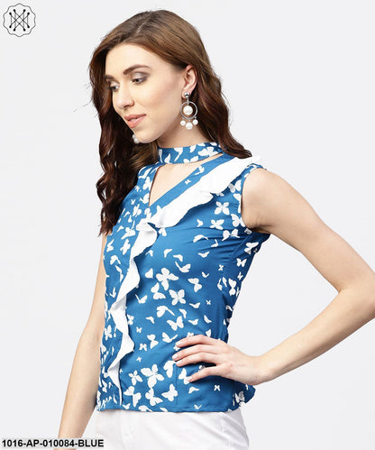 Blue Printed Top With Front Placket And Madarin Collar
